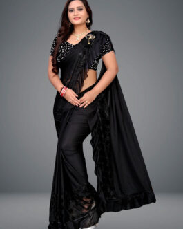 Heavy Pure Polyester Lycra Ready To Wear Saree With Velvet Hanging Sequins Work Blouse