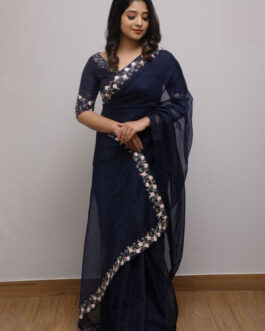 Pure Organza Saree With Multi Hand Work Designer Plaiting Border And Banglori Silk Blouse