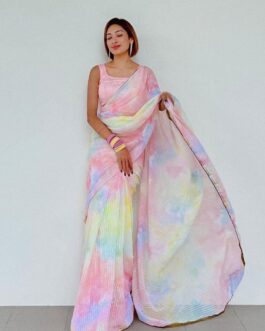Designer Ready To Wear Premium Georgette Saree Sequins Work Digital Print With Plain Banglori Silk Blouse