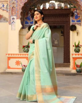 Beautiful Tissue Linen Silk Saree With Zari Woven Pallu And Border With Running Blouse Piece