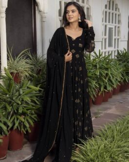 Georgette Glimmer Gown 9mm With Mukaish Monochrome Work 9mm Sequins Moti Lace Dupatta