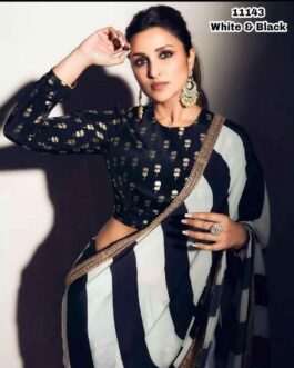 Bollywood Chiffon Saree Black And White Print Embroidery Sequins Work Lace Border With Contrast Blouse