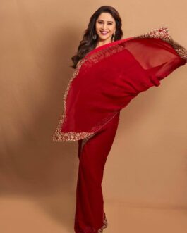 Madhuri Dixit Fancy Georgette Saree Sequins Embroidery Lace Work With Work Blouse Piece