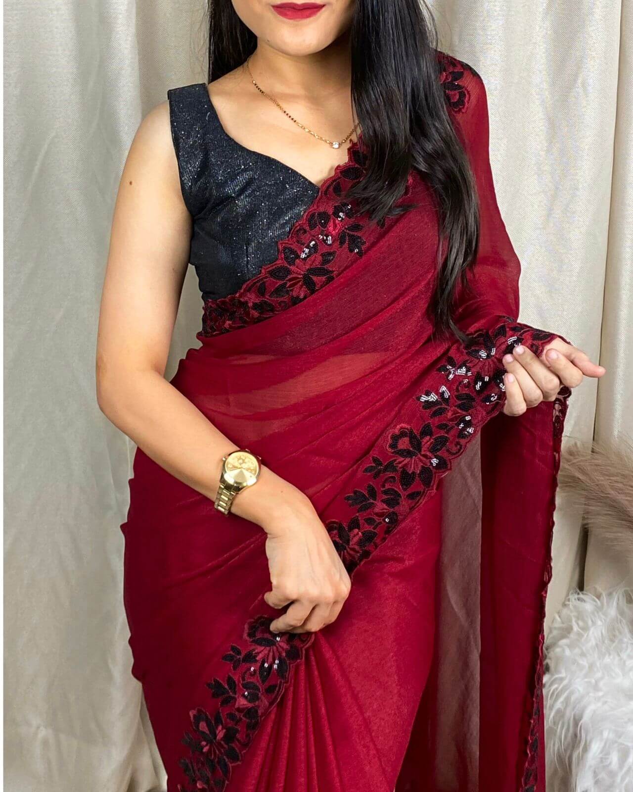 Black woven cotton saree with Red border and pallu - IN WEAVE - 3441923
