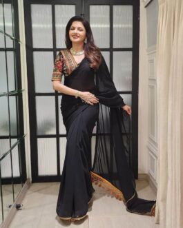 Designer Black Faux Georgette Saree With Heavy Lace Work With Latkan Pallu And Cotton Sequins Embroidery Work Blouse