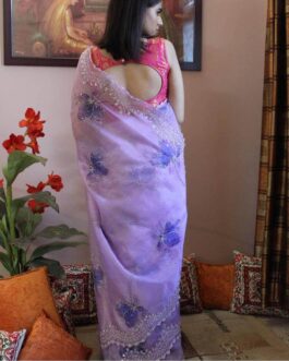 Pure Khadi Organza Silk Saree With Digital Print Cut Work Border With Sequins Handwork And Silver Brocket Weaving Silk Blouse