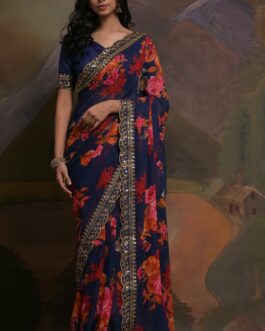 Beautiful Georgette Saree Printed Coding Embroidery Work Lace Border With Mono Banglori Blouse