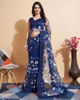 Soft Net Saree With Multi Thread Embroidery Work And Mono Banglori Blouse Piece