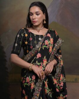 Chinon Saree Floral Printed Coding Sequins Embroidery Work With Mono Banglori Blouse