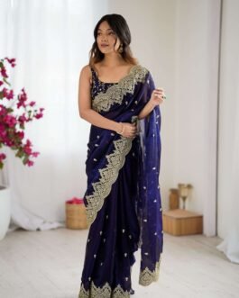 Designer Two Tone Fendy Chiffon Party Wear Saree with Embroidered Border and Satin Silk Blouse