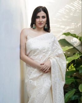 Pure Off-White Silk Organza Saree with Lucknowi Embroidery & Silver Zari Border