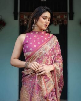 Premium Handloom Rani Pink Saree with Floral Print & Paisley Border
