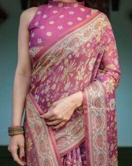 Premium Handloom Rani Pink Saree with Floral Print & Paisley Border