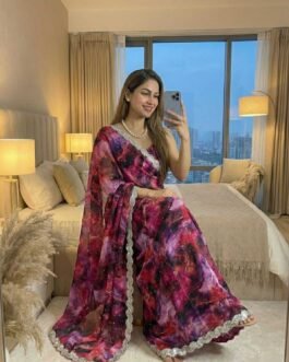 Pure Soft Zimmy Choo Silk Saree with Prism Print & Heavy Jharkhand Lace Border