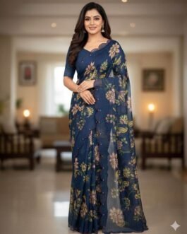 Navy Blue Cotton Linen Saree with Floral Digital Print & Cutwork Border