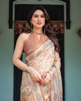 Handloom Ivory Cream Saree with Multicolor Heritage Artwork & Printed Border