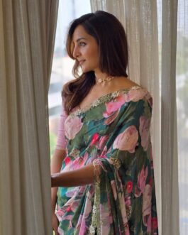 Floral Printed Tebby Silk Saree with Katdana & Pearl Handwork Blouse