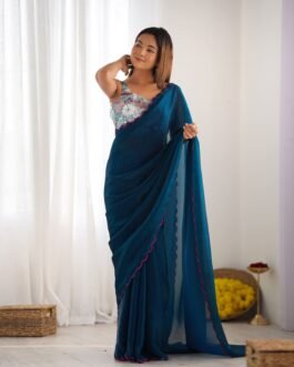Partywear Space Silk Saree With Georgette Bead Work Blouse