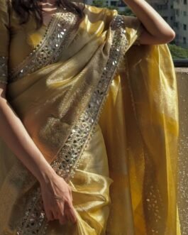 Designer Mirror Work Lace Border Soft Tissue Organza Saree with Rich Weaving Pallu & Blouse