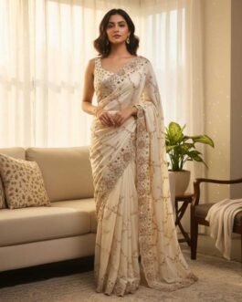 Party Wear Saree with Original Gold Beads Work & Embellished Blouse Piece on Pure Space Silk (1 Kg Premium Edition)