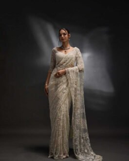 Designer Heavy Mono Net Saree with 5mm Multi Sequins Embroidery & Pearl Moti Border