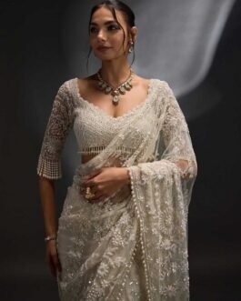 Designer Heavy Mono Net Saree with 5mm Multi Sequins Embroidery & Pearl Moti Border