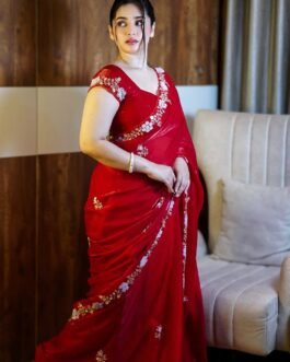 Maroon Fandy Satin Silk Saree with Fancy Beads & Sequence Handwork Border with Designer Blouse