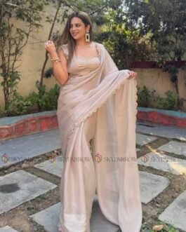 Premium Jimmy Choo Tissue Saree with Pearl Dori & Golden Lace Border Designer Blouse