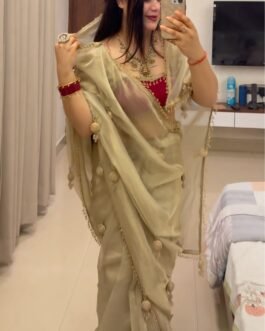 Satin Jimmy Choo Designer Saree with Crystal Moti Lace & Handwork Latkan Pallu