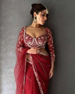 Premium Net Saree with Heavy Diamond Work Lace Border & Kasturi Silk Pearl Work Blouse