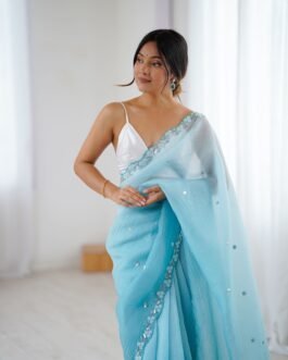 Designer Shaded Chiffon Crush Saree with Sequins Moti Cut Work