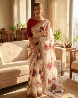 Soft Georgette Floral Print Saree with Sequins & Cording Embroidery Gota Patti Border and Mono Banglori Blouse