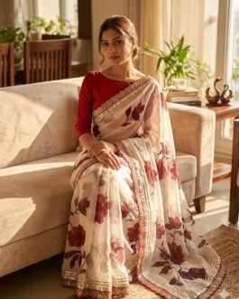 Soft Georgette Floral Print Saree with Sequins & Cording Embroidery Gota Patti Border and Mono Banglori Blouse