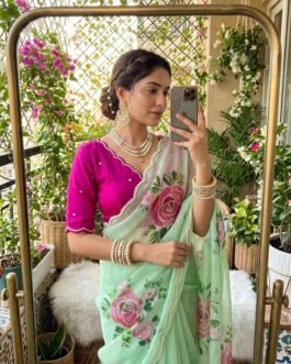 Elegant Floral Georgette Saree with Khatli Handwork & Cutdana Moti Border – Designer Partywear Saree