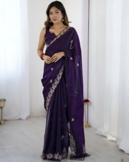 Designer Fendy Satin Saree Sequin Thread Coding Embroidered Work With Blouse Piece