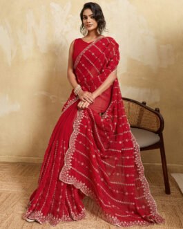 Designer Georgette Embroidered Saree with Art Silk Blouse – Elegant Party Wear Saree