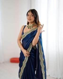 Fendy Satin Silk Designer Saree with Two Tone Sequin Jari Embroidery With Blouse Piece